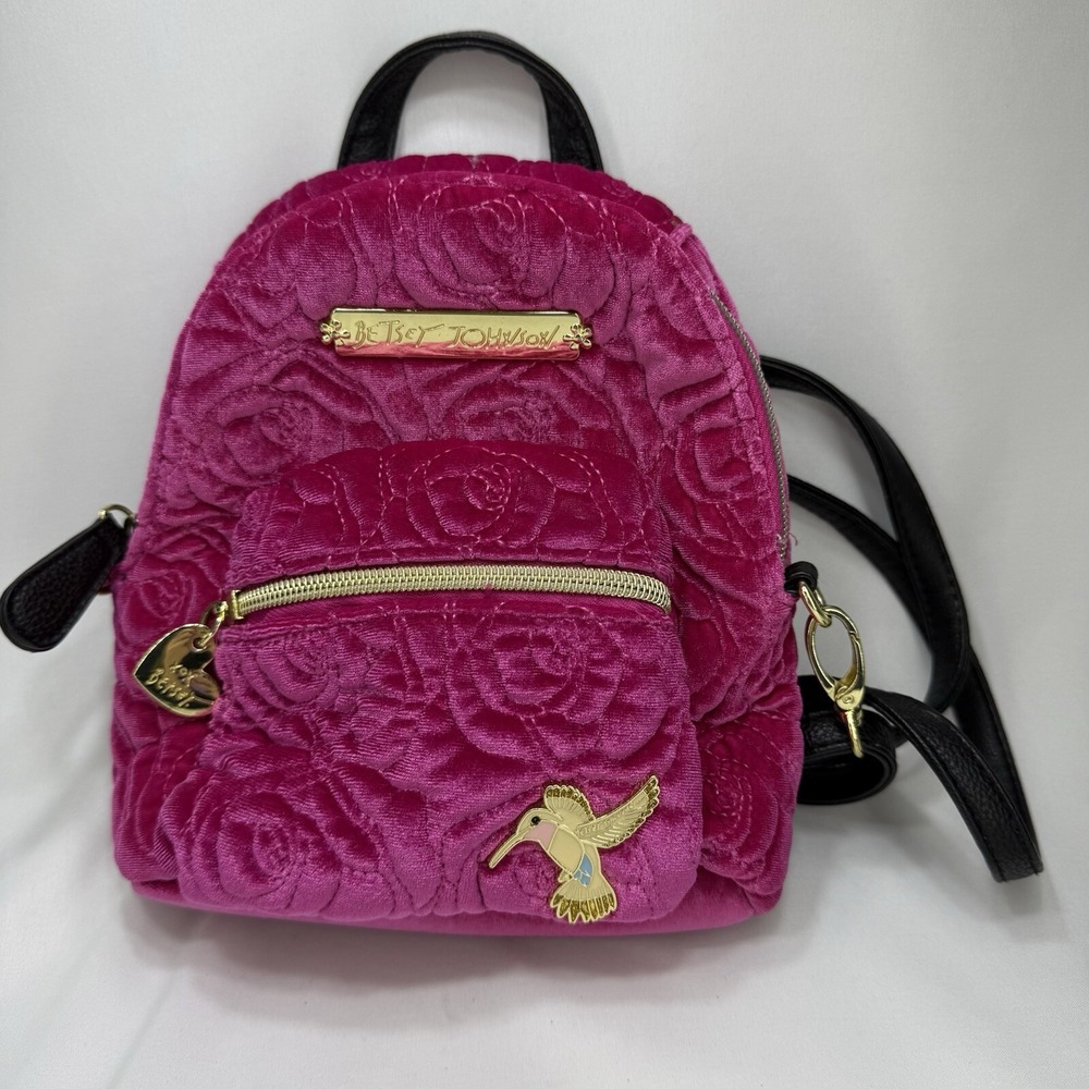 Betsey Johnson Small Purse Pink Soft Velour W/ Metal Hummingbird Embelishment